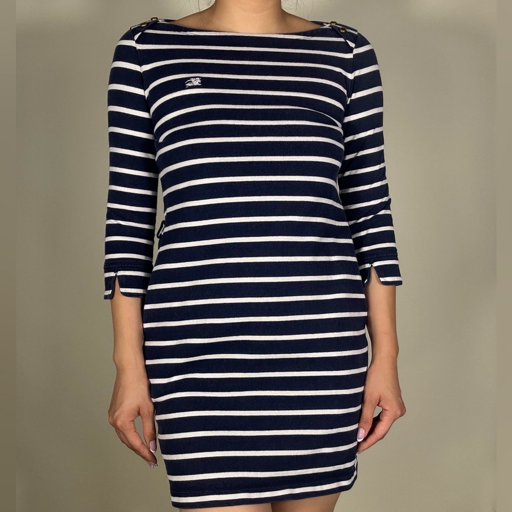 Burberry Blue and White Long Sleeve Sheath Dress